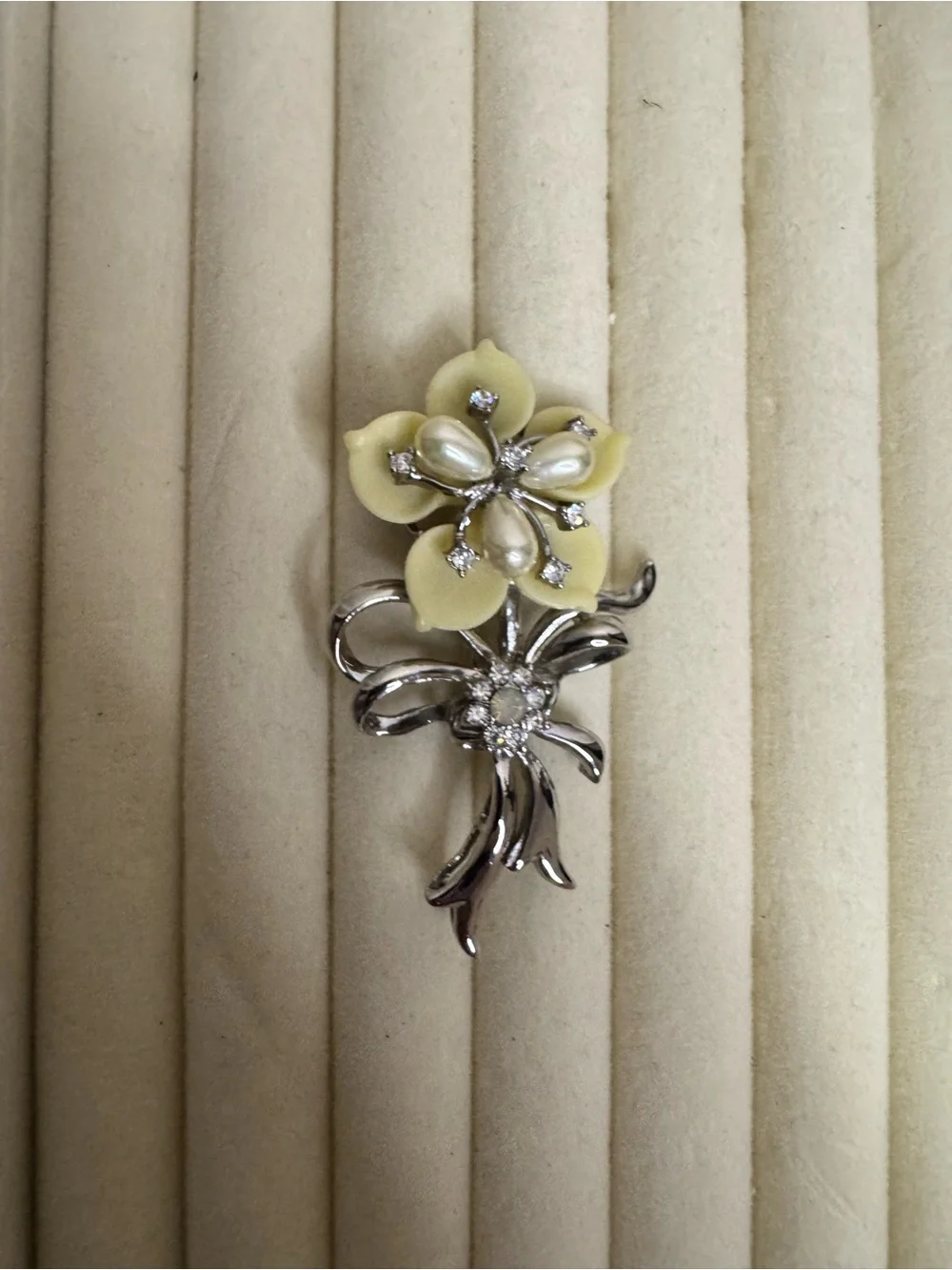 Vintage Yellow Floral Brooch with Faux Pearls